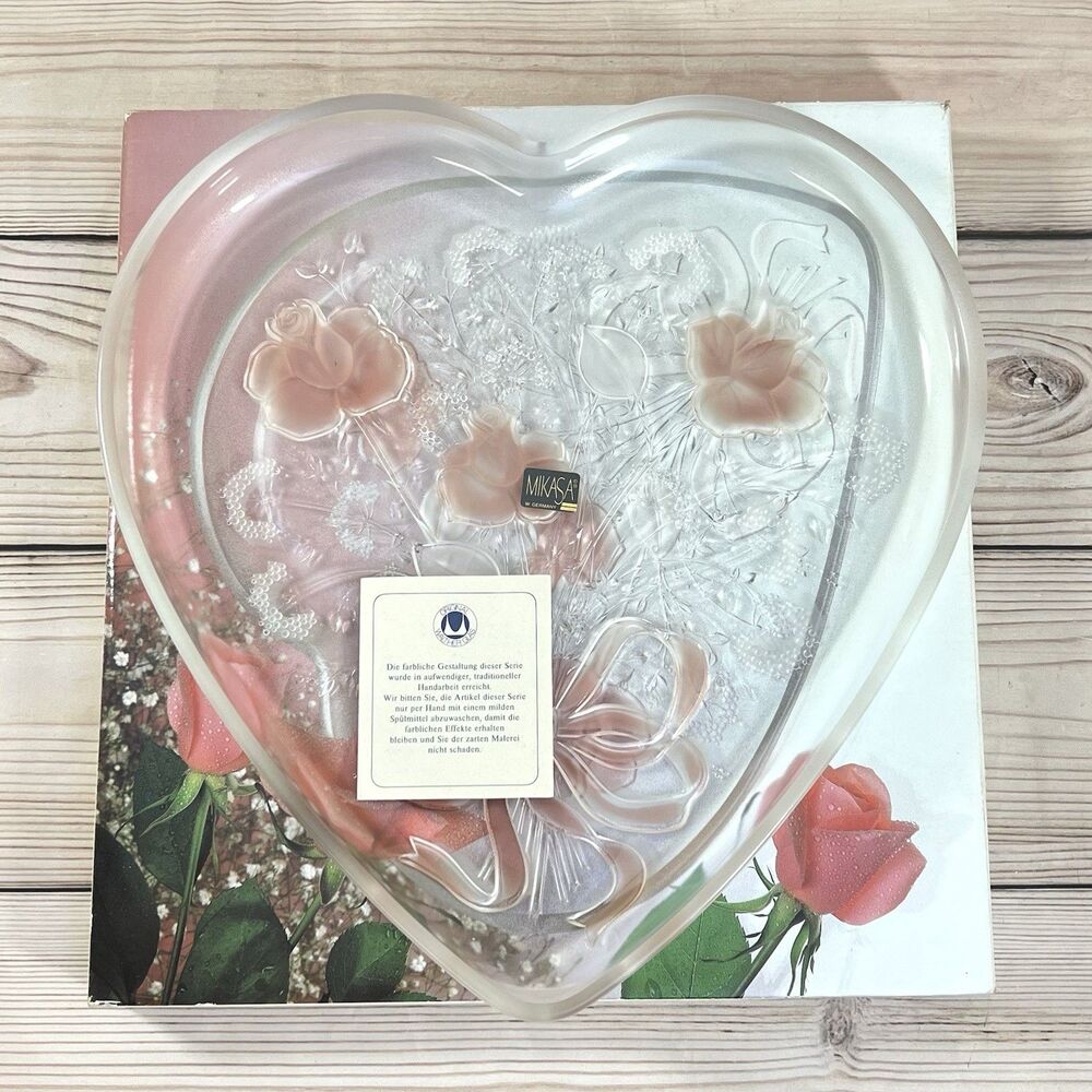VTG Mikasa Crystal Sweetheart Bouquet Serving Tray 12" Frosted Heart Shape Rose